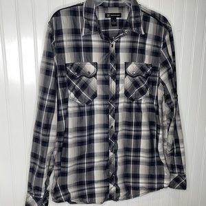 INC Black/gray plaid‎ pearl snaps, long sleeve button down Shirt size medium